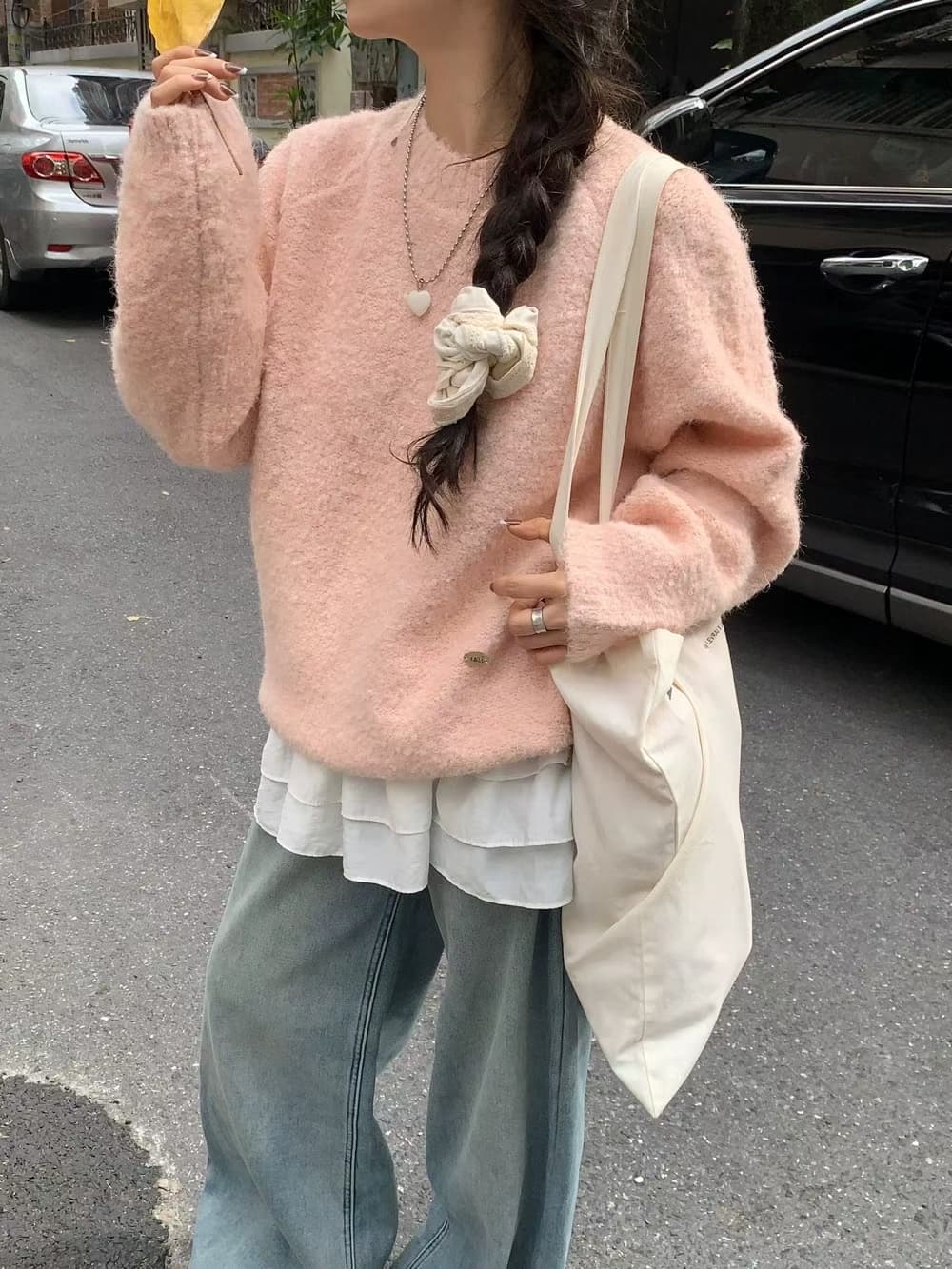 한 부서 사탕 색상 라운드 넥 양모 서클 풀오버 가을 겨울철 루즈핏 따뜻한 부드럽다 찹쌀 만나는 니트 맨위 이미지 2