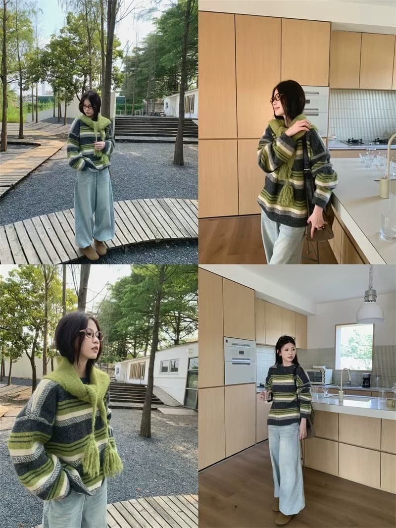 한 부서 가을 겨울 루즈핏 부드럽다 배색 스트라이프 풀오버 니트 스웨터 삼각형 스카프 투피스 세트 상세 이미지 2