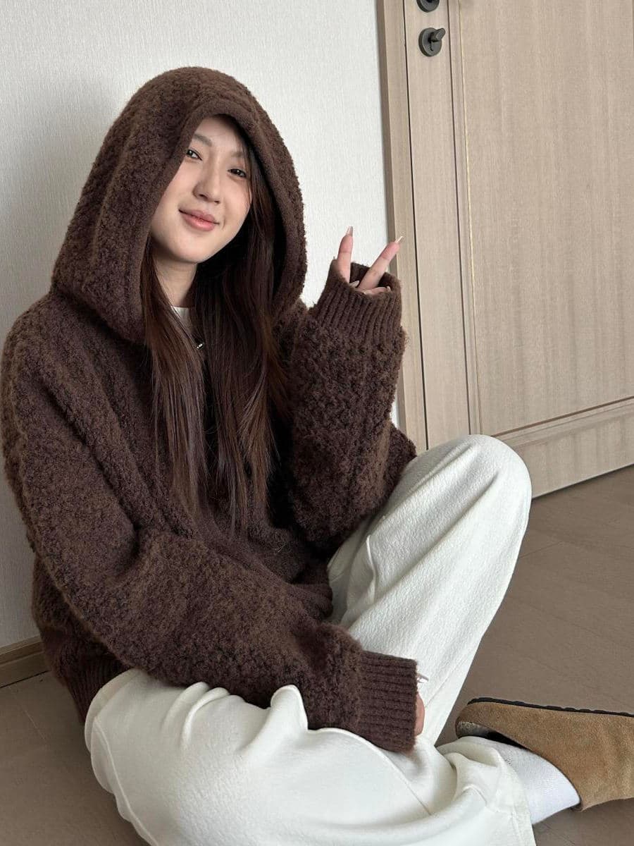 느긋한 바람 양털 후드 지퍼 니트 여성 코트 가을 겨울 작은 대중 루즈핏 슬림해 보이는 맨위 우유 fufu 보온 상세 이미지 8