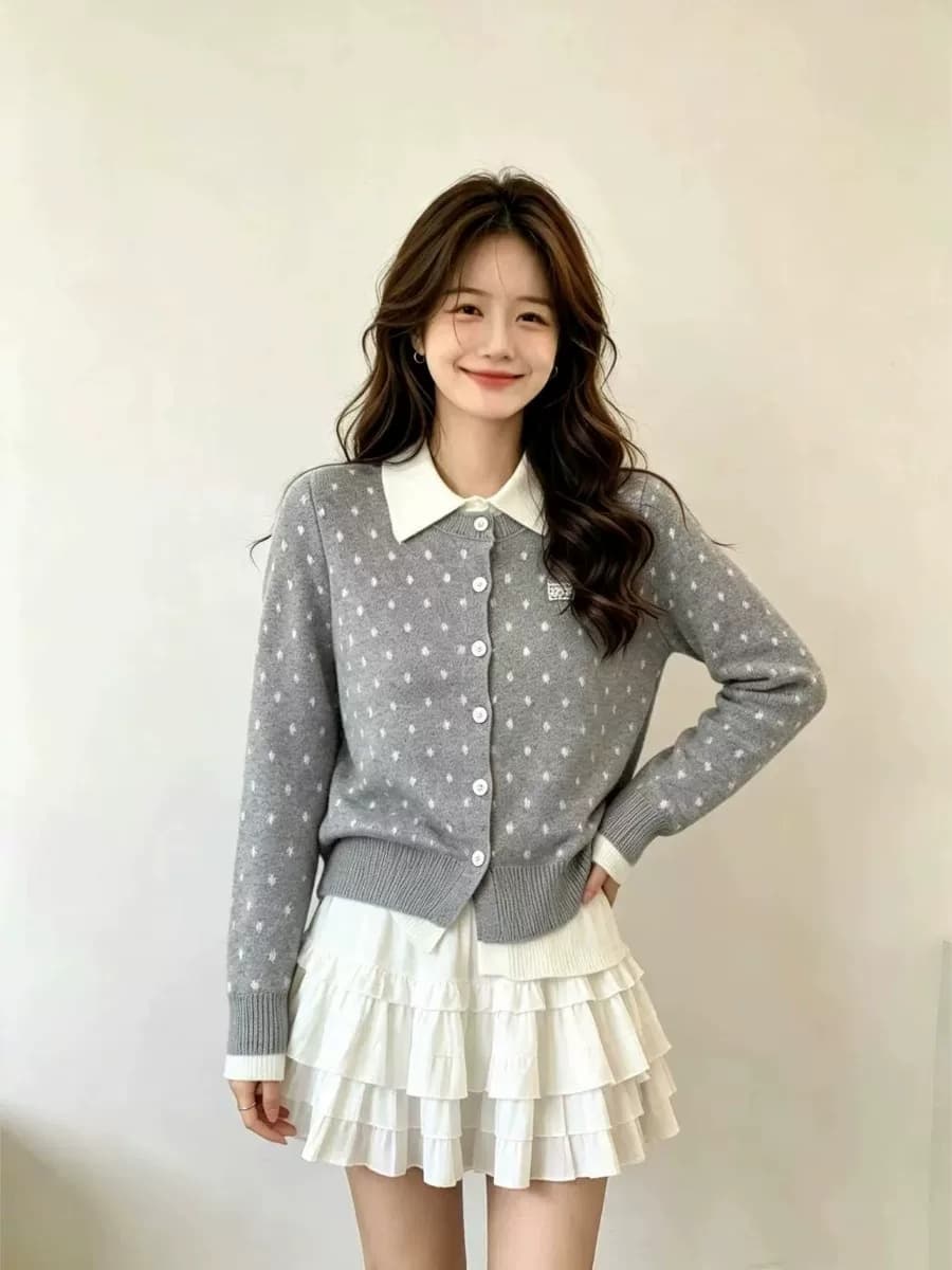 POLO 칼라 페이크 레이어드 스웨터 긴팔 카디건 코트 기본 셔츠 가을 겨울 몸매 가꾸기 슬림해 보이는 긍정적 인 어깨 니트 오픈 가디건