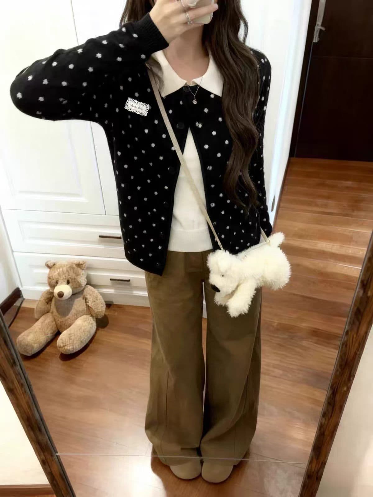 POLO 칼라 페이크 레이어드 스웨터 긴팔 카디건 코트 기본 셔츠 가을 겨울 몸매 가꾸기 슬림해 보이는 긍정적 인 어깨 니트 오픈 가디건 상세 이미지 3