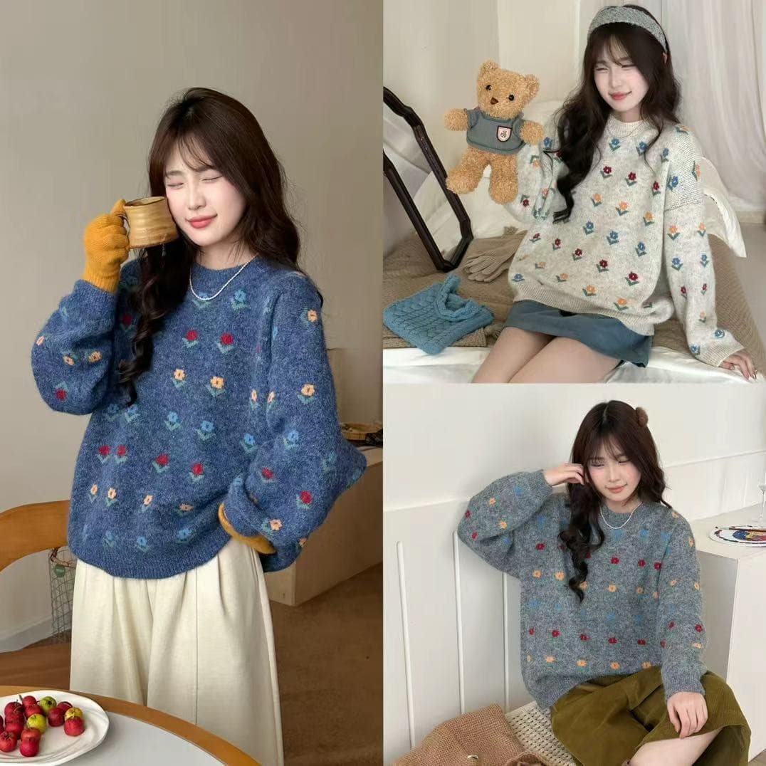 한 부서 작은 청신 자카드 라운드 넥 풀오버 스웨터 여자 가을 겨울 와이드 부드러운 찹쌀 달콤함 꽃 니트 스웨터 맨위