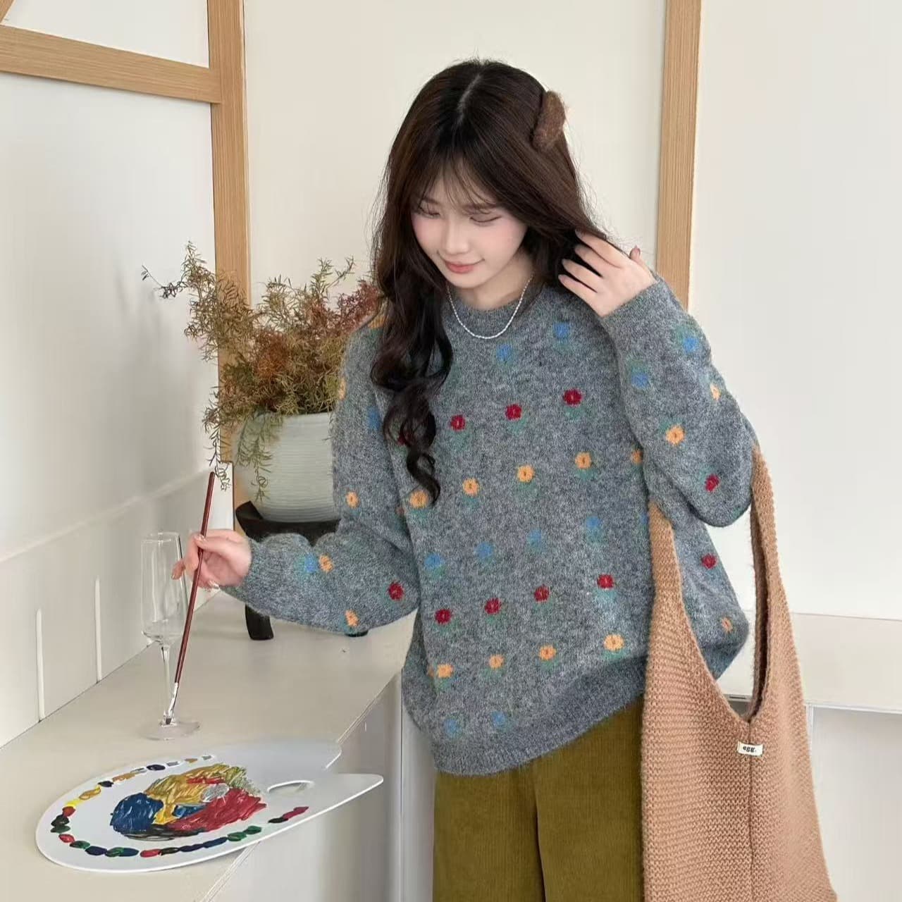 한 부서 작은 청신 자카드 라운드 넥 풀오버 스웨터 여자 가을 겨울 와이드 부드러운 찹쌀 달콤함 꽃 니트 스웨터 맨위 상세 이미지 10