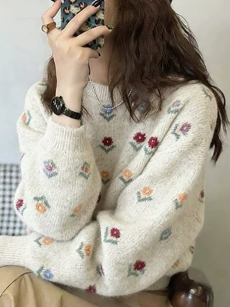 학원 스타일 작은 청신 자카드 라운드 넥 풀오버 스웨터 여자 가을 겨울 와이드 부드러운 찹쌀 달콤함 꽃 니트 스웨터 맨위