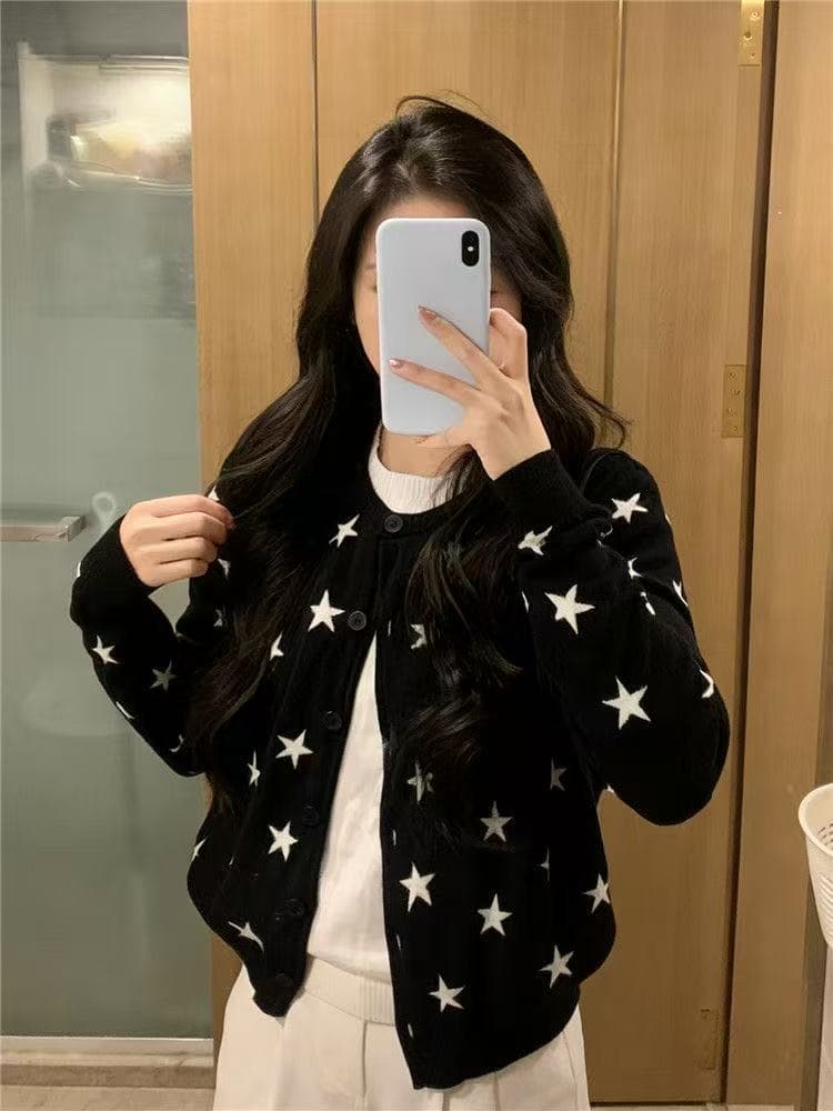 별 자카드 페이크 레이어드 스웨터 니트 오픈 가디건 맨위 느긋한 바람 다용도 니트 스웨터 여성 코트