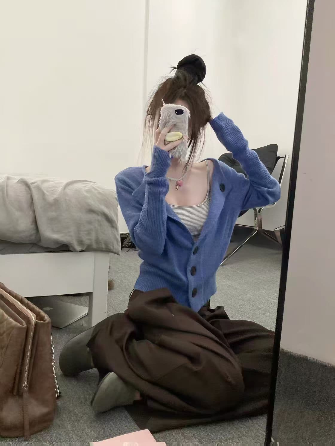 한 부서 파란색 니트 카디건 코트 여성 의류 조기 가을 작은 키 루즈핏 캐주얼 느긋한 품격 허리 수축 맨위