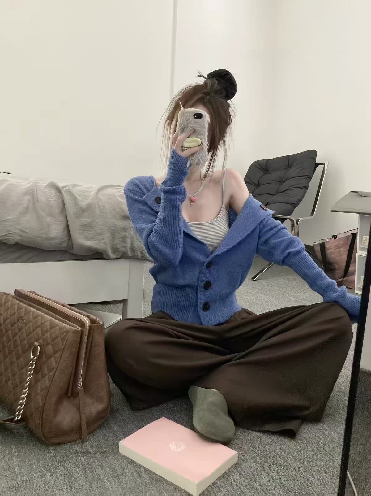 한 부서 파란색 니트 카디건 코트 여성 의류 조기 가을 작은 키 루즈핏 캐주얼 느긋한 품격 허리 수축 맨위 이미지 2