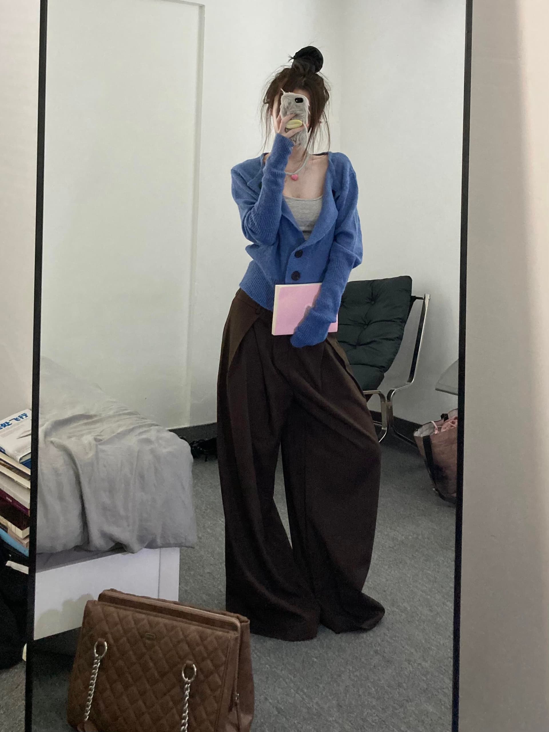 한 부서 파란색 니트 카디건 코트 여성 의류 조기 가을 작은 키 루즈핏 캐주얼 느긋한 품격 허리 수축 맨위 상세 이미지 8