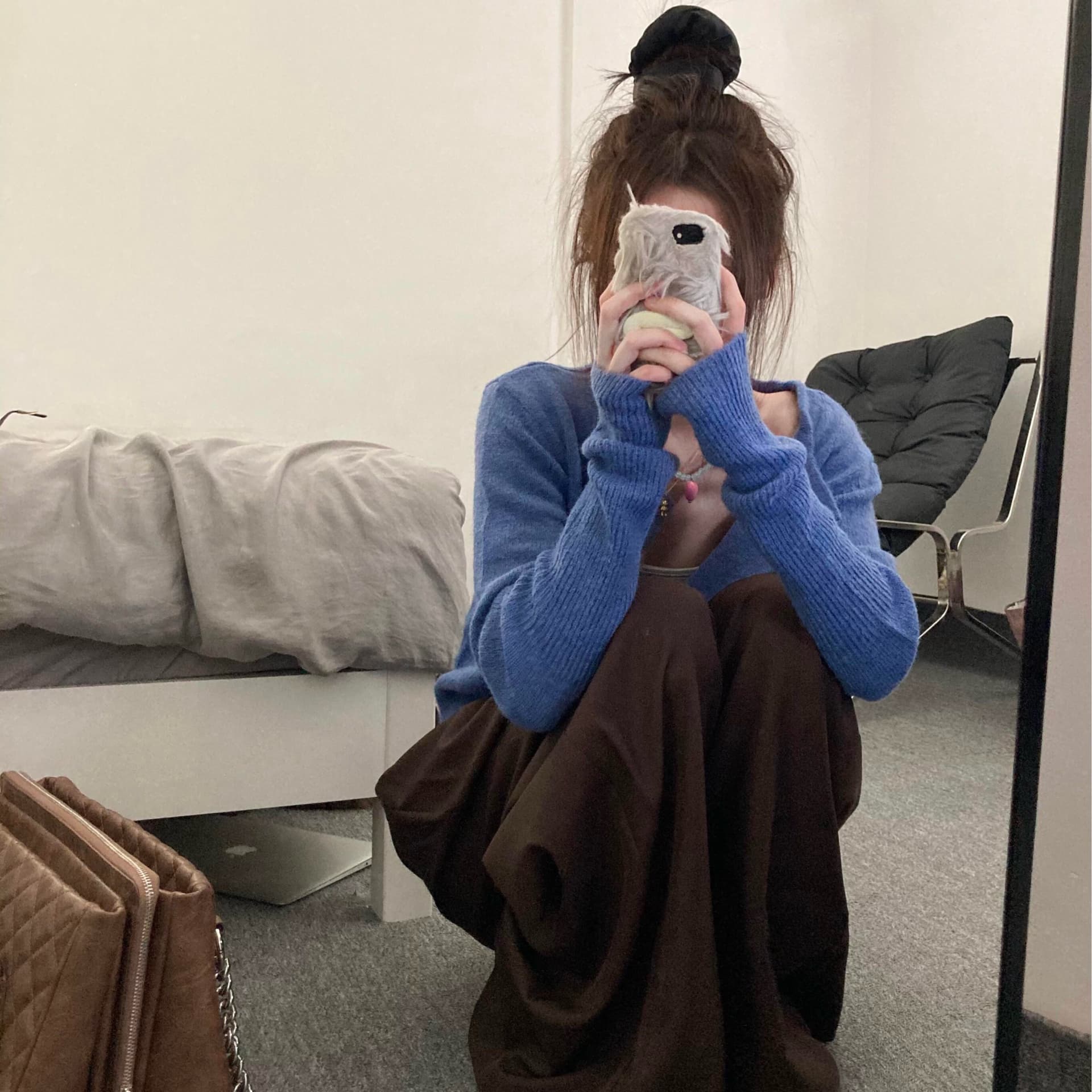 한 부서 파란색 니트 카디건 코트 여성 의류 조기 가을 작은 키 루즈핏 캐주얼 느긋한 품격 허리 수축 맨위 상세 이미지 9