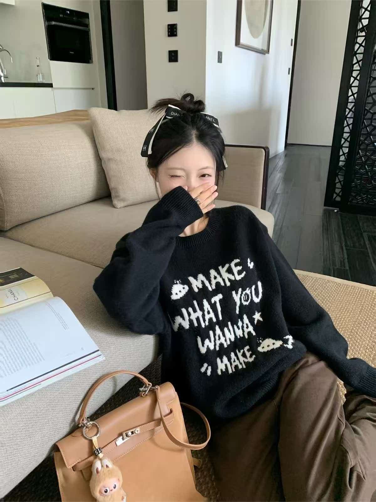 한 부서 자수 알파벳 부드러운 찹쌀 찹쌀 검정색 스웨터 여자 봄 가을 겨울 새로운 루즈핏 긴팔 니트 스웨터 작은 키 상세 이미지 8