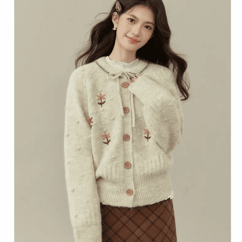 한 부서 부드러운 찹쌀 라운드 넥 꽃 자수 니트 오픈 가디건 여성 가을 겨울 느긋한 바람 다용도 출퇴근 스웨터 코트 상세 이미지 2