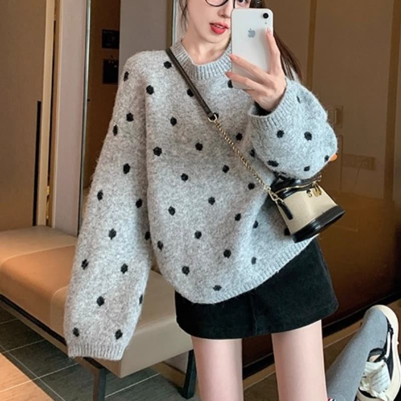 한국 스타일 chic 도트 무늬 가을 겨울 두꺼운 루즈핏 캐주얼 느긋한 바람 인사이드 가져 가라. 니트 스웨터 맨위 이미지 2