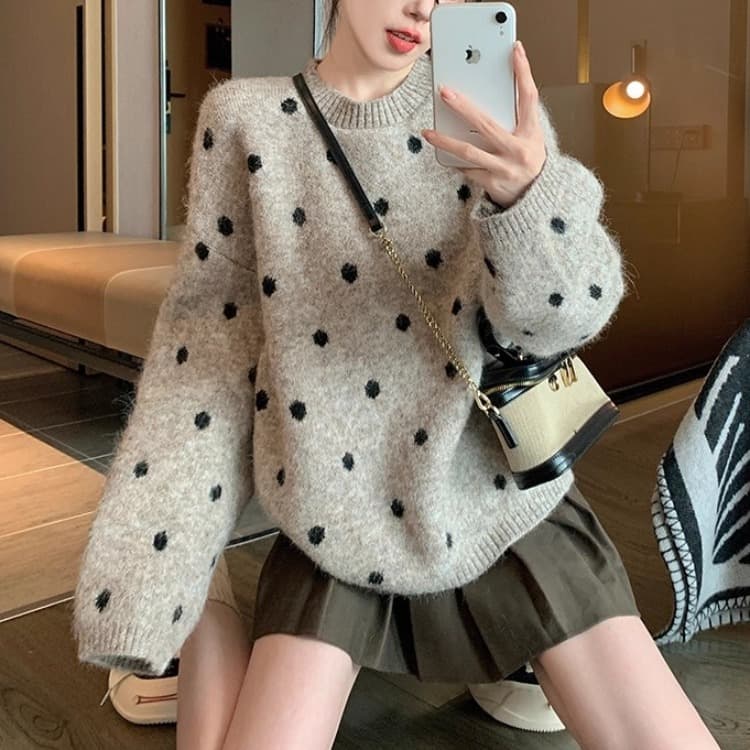 한국 스타일 chic 도트 무늬 가을 겨울 두꺼운 루즈핏 캐주얼 느긋한 바람 인사이드 가져 가라. 니트 스웨터 맨위 이미지 3