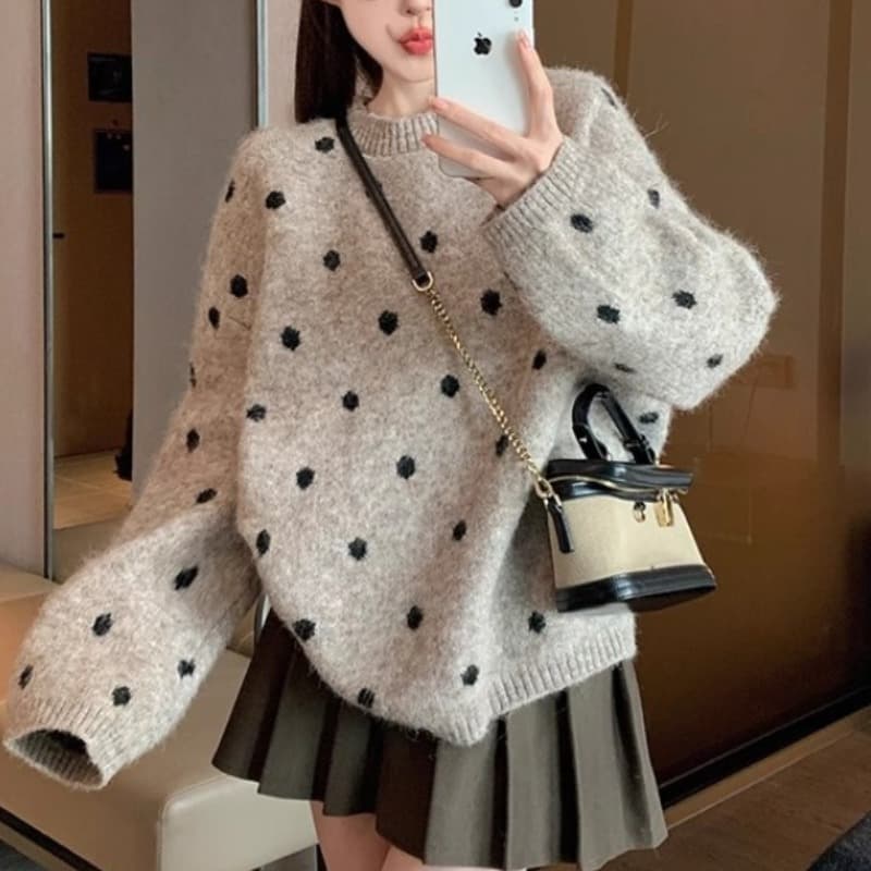 한국 스타일 chic 도트 무늬 가을 겨울 두꺼운 루즈핏 캐주얼 느긋한 바람 인사이드 가져 가라. 니트 스웨터 맨위 상세 이미지 5