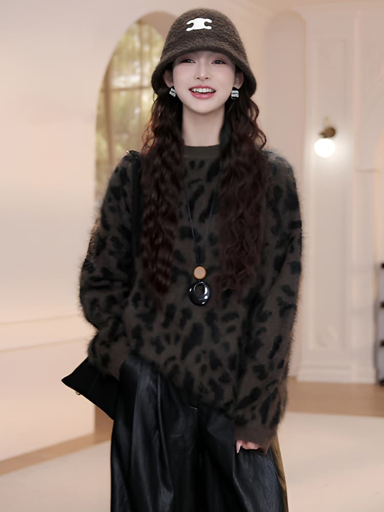 아메리칸 튀김 거리 레오파드 무늬 부드러운 찹쌀 슬림해 보이는 스웨터 여자 가을 새로운 루즈핏 아니요 부풀린 숨기기 고기 상세 이미지 2