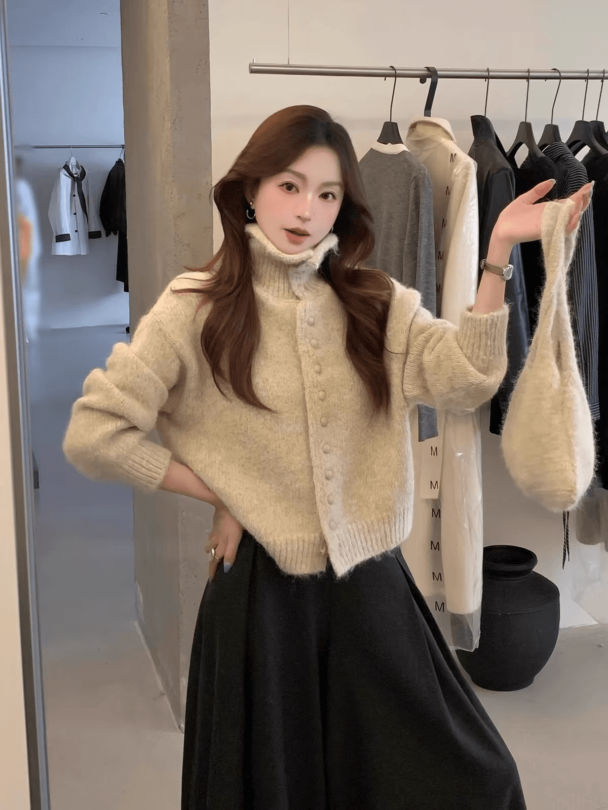 느긋한 바람 터틀넥 니트 오픈 가디건 여성 가을 겨울철 루즈핏 보온 스웨터 코트 슬림해 보이는 맨위 플러스 가방 이미지 2