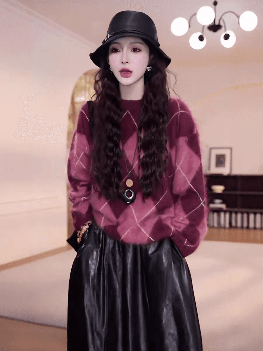 한 부서 링 그리드 배색 라운드 넥 스웨터 긴팔 루즈핏 니트 스웨터 슬림해 보이는 느긋한 가을 고급 맨위 캐주얼 여성 상세 이미지 2