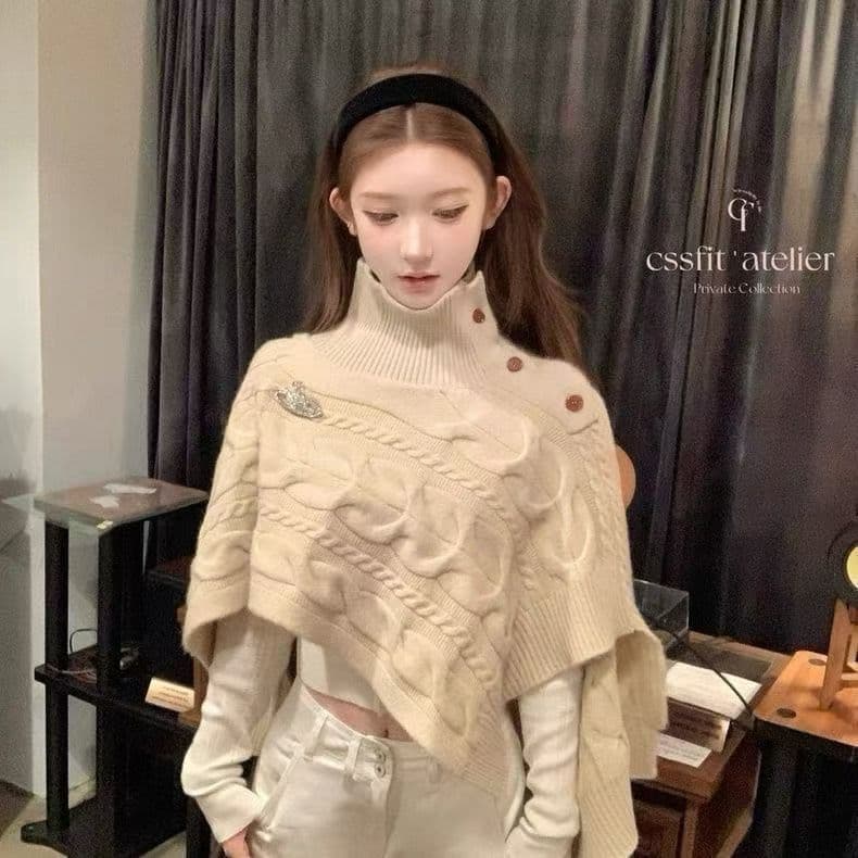 늦게 우산 우산 캐러멜 리큐어 vivien w 토성 터틀넥 꽈배기 니트 불규칙 망토 이미지 3