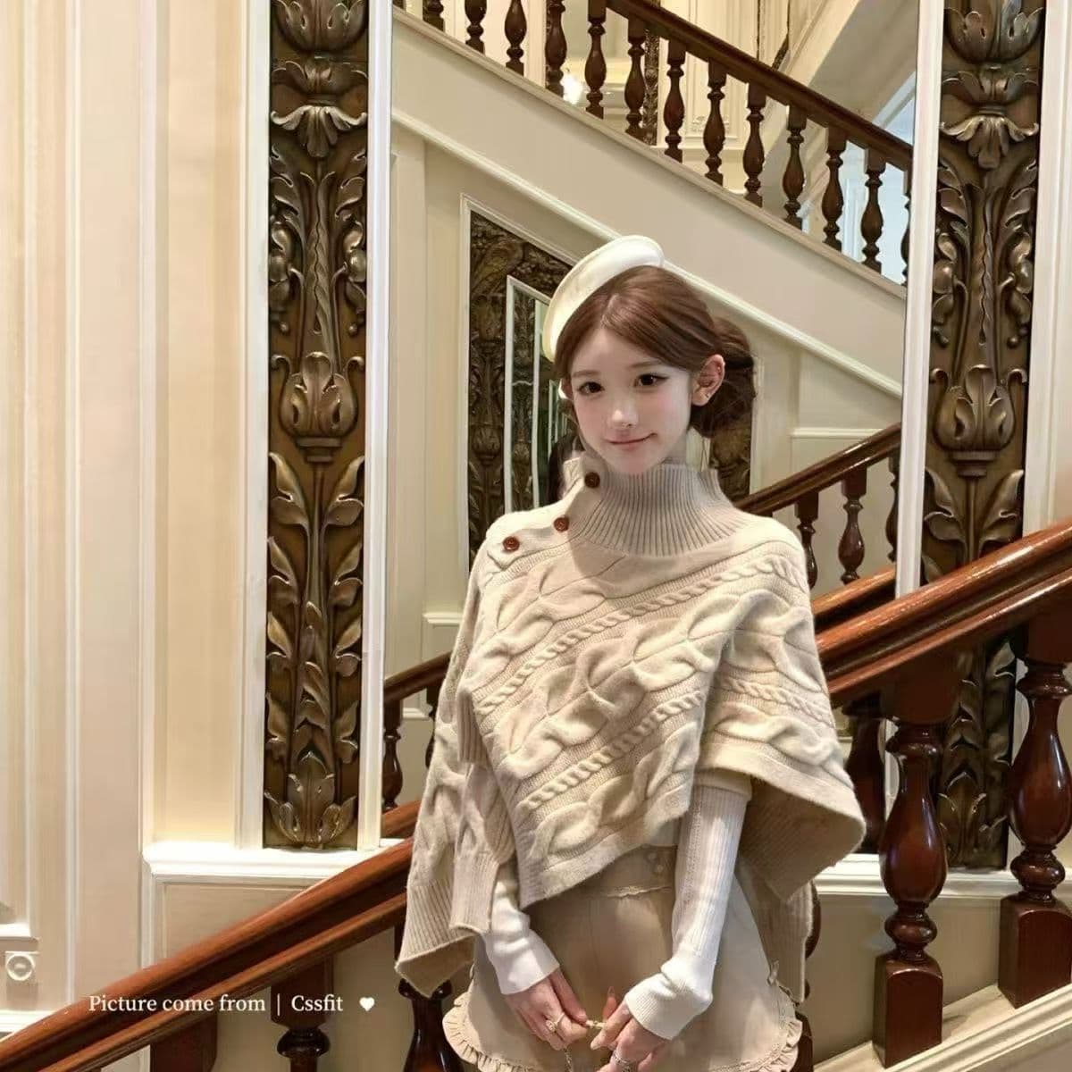 늦게 우산 우산 캐러멜 리큐어 vivien w 토성 터틀넥 꽈배기 니트 불규칙 망토 이미지 5
