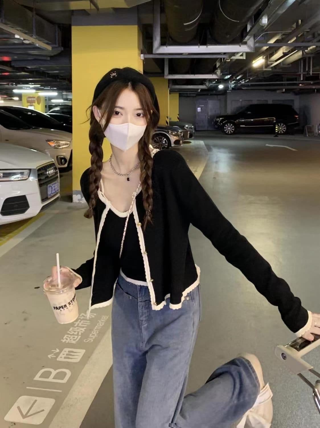 배색 쇼트 스타일 달콤한 매운맛 긴팔 니트 오픈 가디건 투피스 세트 인사이드 가져 가라. 캐미솔 가을 새로운 패션 세트 상세 이미지 1