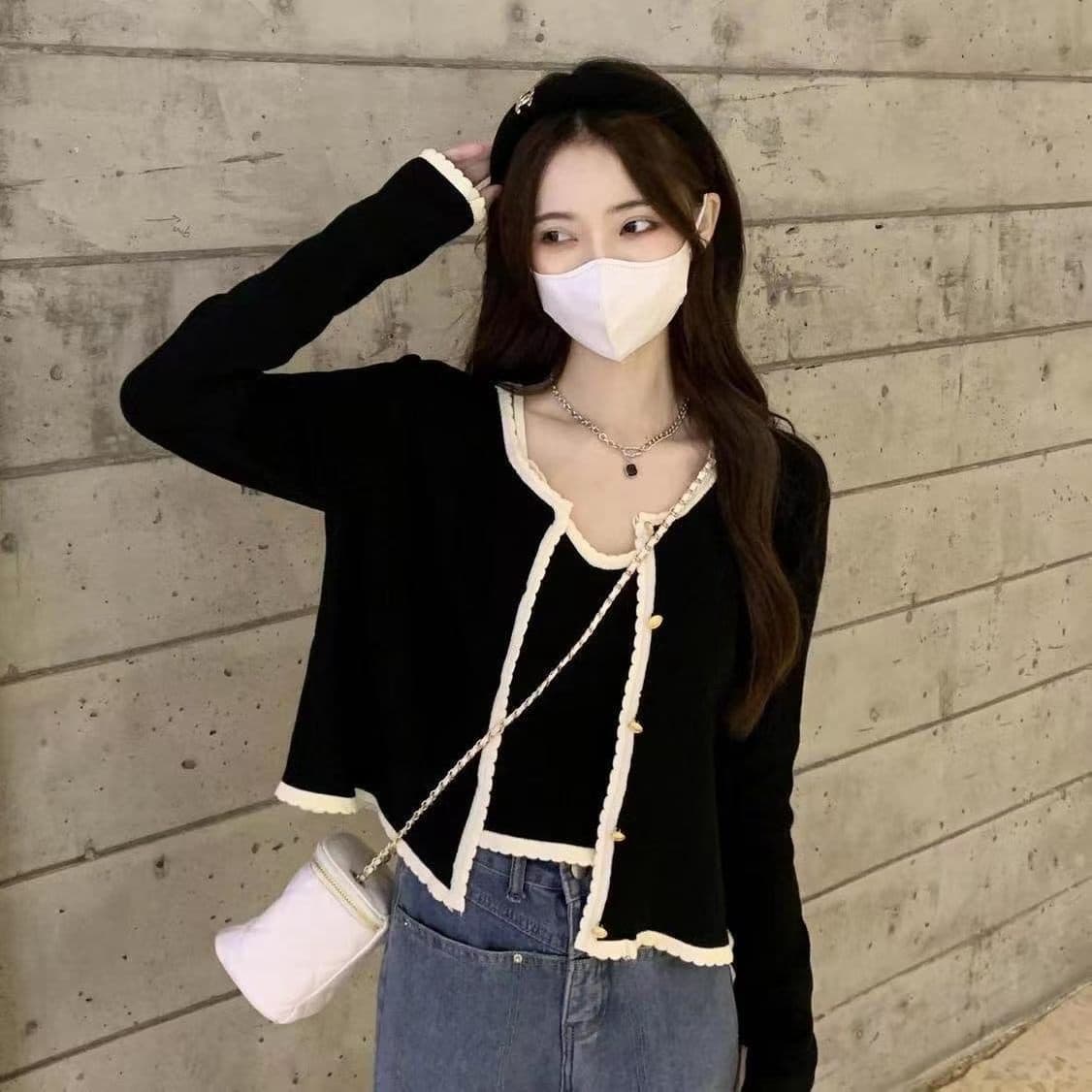 배색 쇼트 스타일 달콤한 매운맛 긴팔 니트 오픈 가디건 투피스 세트 인사이드 가져 가라. 캐미솔 가을 새로운 패션 세트 상세 이미지 2