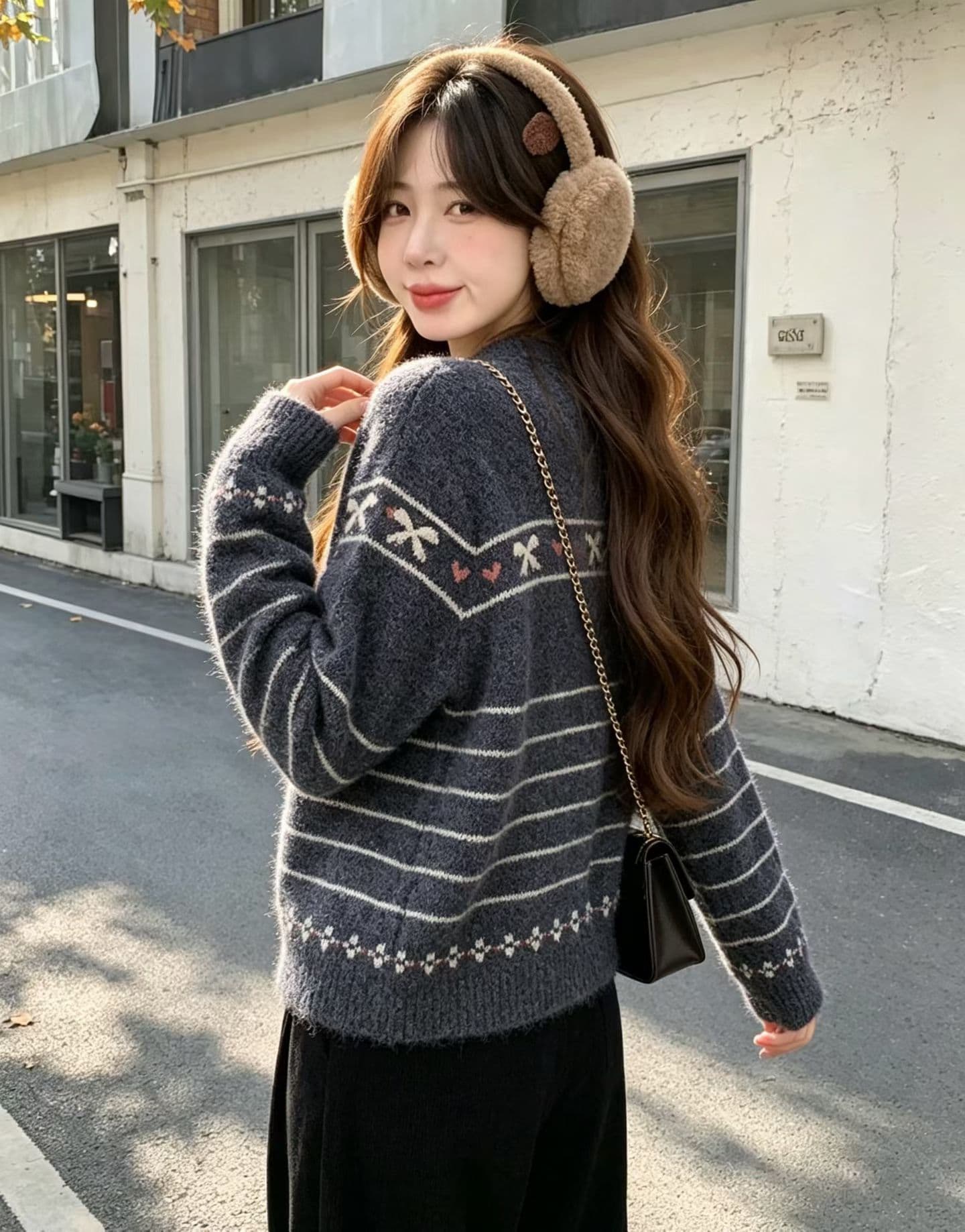 한 부서 레트로 스트라이프 나비 매듭 자카드 오픈 가디건 여성 라운드 넥 나무 버클 부드러운 찹쌀 스트라이프 루즈핏 부드러운 니트 재킷 상세 이미지 8