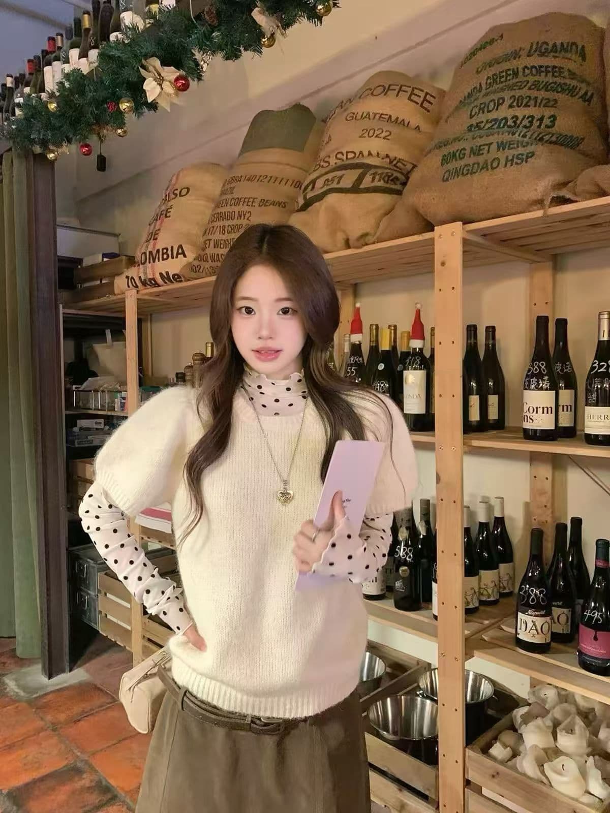 프랑스식 달콤함 슬림해 보이는 세트 여성 2026 새로운 가을 폭발 라운드 넥 슬림해 보이는 베스트 도트 무늬 기본 셔츠 투피스 세트 이미지 3