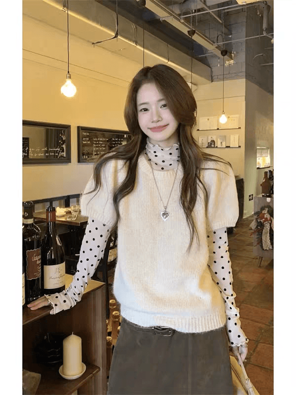 프랑스식 달콤함 슬림해 보이는 세트 여성 2026 새로운 가을 폭발 라운드 넥 슬림해 보이는 베스트 도트 무늬 기본 셔츠 투피스 세트 상세 이미지 1