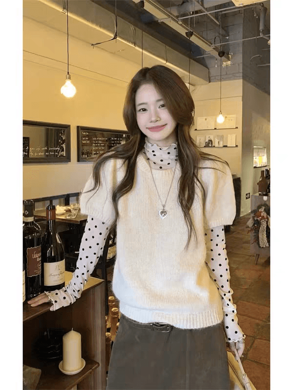 프랑스식 달콤함 슬림해 보이는 세트 여성 2026 새로운 가을 폭발 라운드 넥 슬림해 보이는 베스트 도트 무늬 기본 셔츠 투피스 세트 상세 이미지 2
