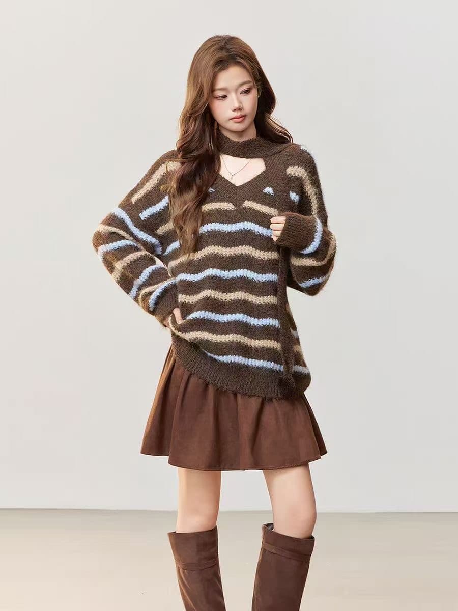 한 부서 가을 겨울 루즈핏 느긋한 풀오버 두꺼운 켜기 벨트 목도리 배색 스트라이프 V넥 긴팔 니트 스웨터 여자