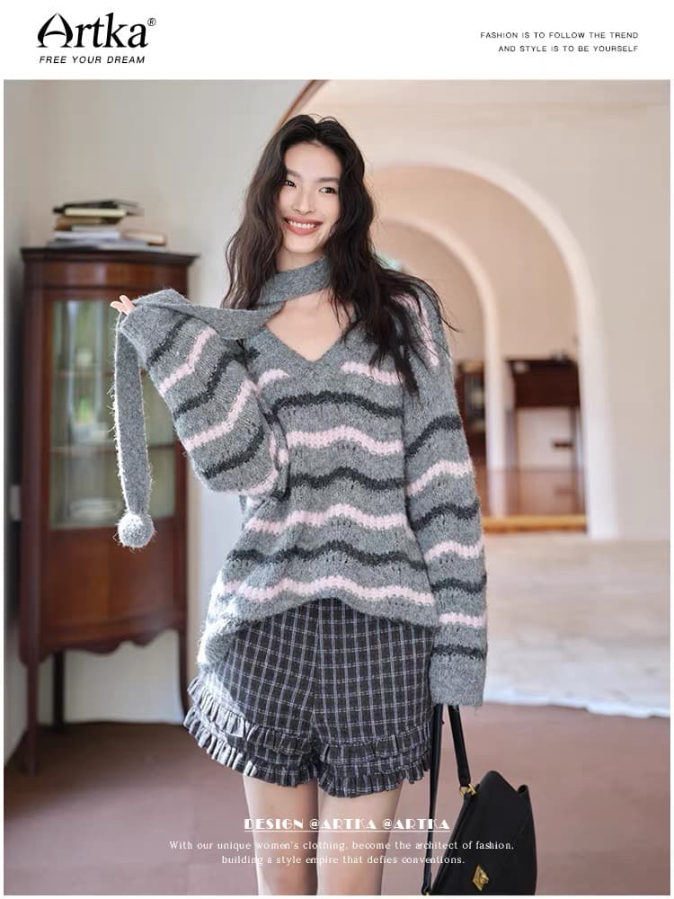 한 부서 가을 겨울 루즈핏 느긋한 풀오버 두꺼운 켜기 벨트 목도리 배색 스트라이프 V넥 긴팔 니트 스웨터 여자 상세 이미지 3