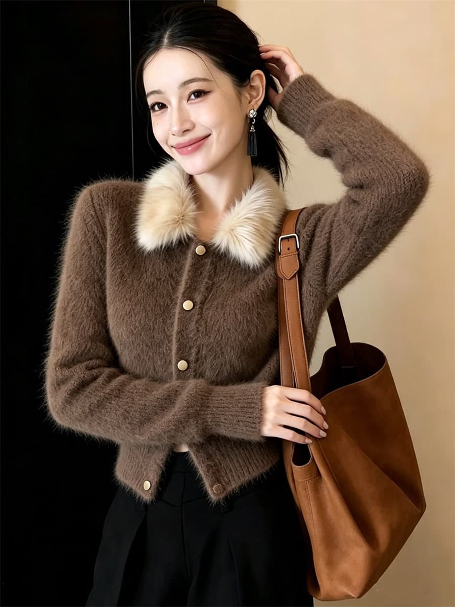 프랑스식 작은 샤넬 스타일 모피 칼라 스웨터 여자 겨울 니트 오픈 가디건 슈퍼 화재 연령 감소 맨위 플리스 쇼트 스타일 재킷 이미지 3