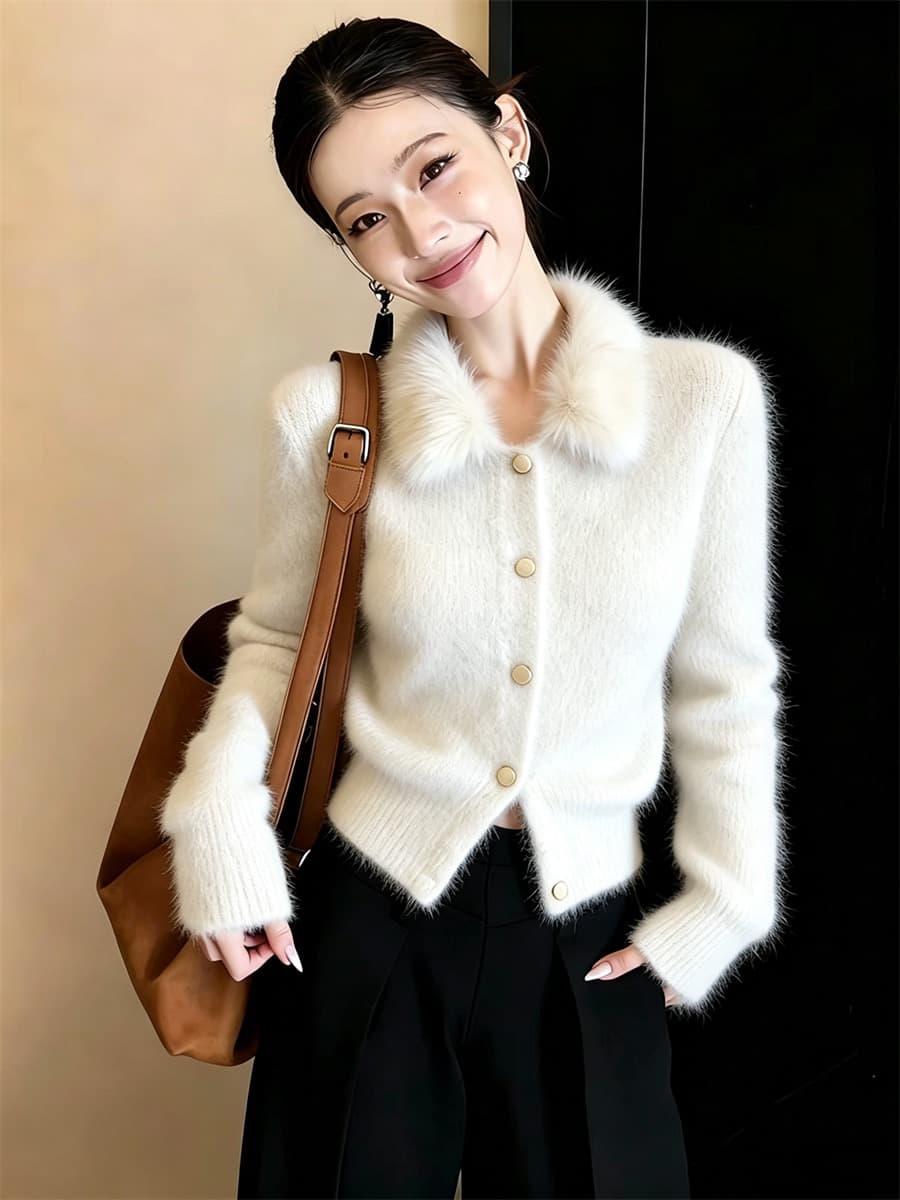 프랑스식 작은 샤넬 스타일 모피 칼라 스웨터 여자 겨울 니트 오픈 가디건 슈퍼 화재 연령 감소 맨위 플리스 쇼트 스타일 재킷 상세 이미지 2