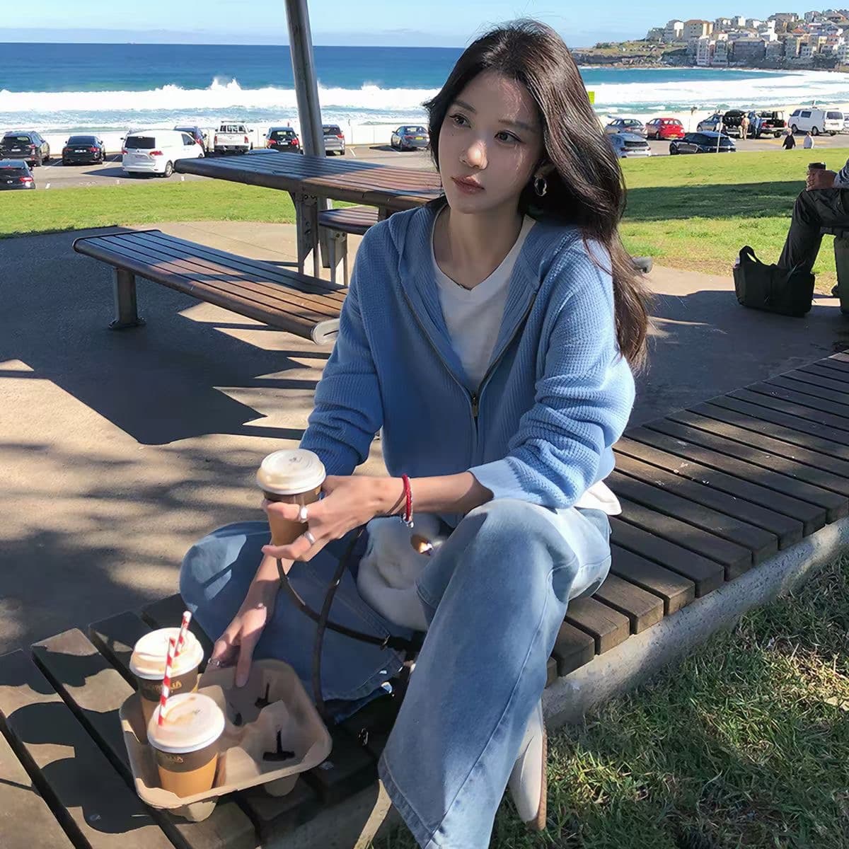장 베이 베이 ibell 한 부서 루즈핏 슬림해 보이는 3 차원 후아 남편 그리드 후드 오픈 가디건 여성 레저 다용도 양모 재킷 이미지 4