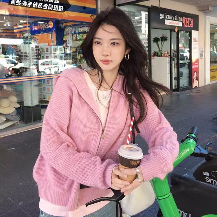 장 베이 베이 ibell 한 부서 루즈핏 슬림해 보이는 3 차원 후아 남편 그리드 후드 오픈 가디건 여성 레저 다용도 양모 재킷 상세 이미지 1