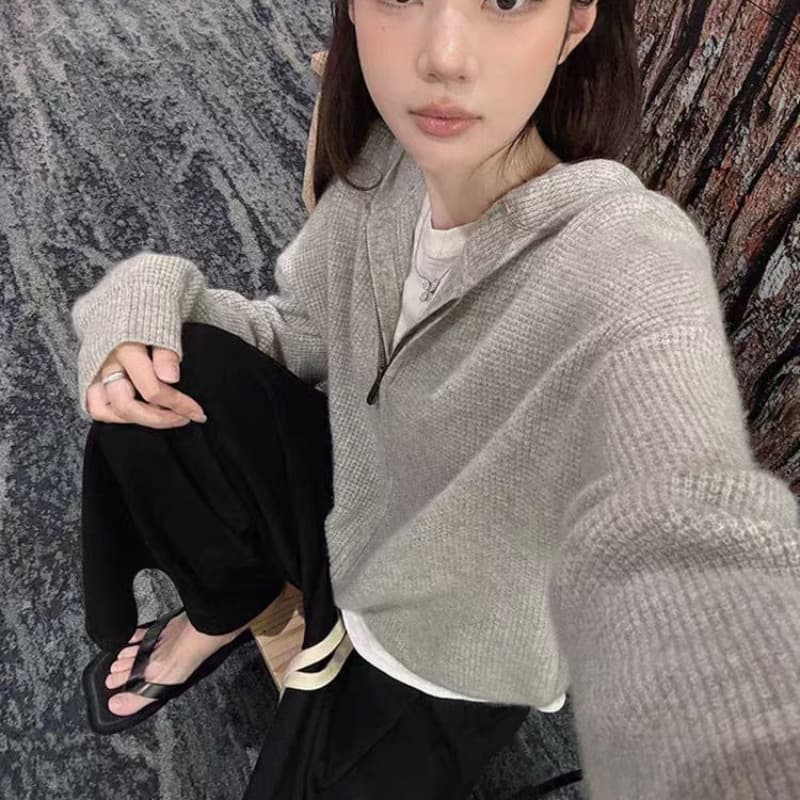 장 베이 베이 ibell 한 부서 루즈핏 슬림해 보이는 3 차원 후아 남편 그리드 후드 오픈 가디건 여성 레저 다용도 양모 재킷 상세 이미지 6