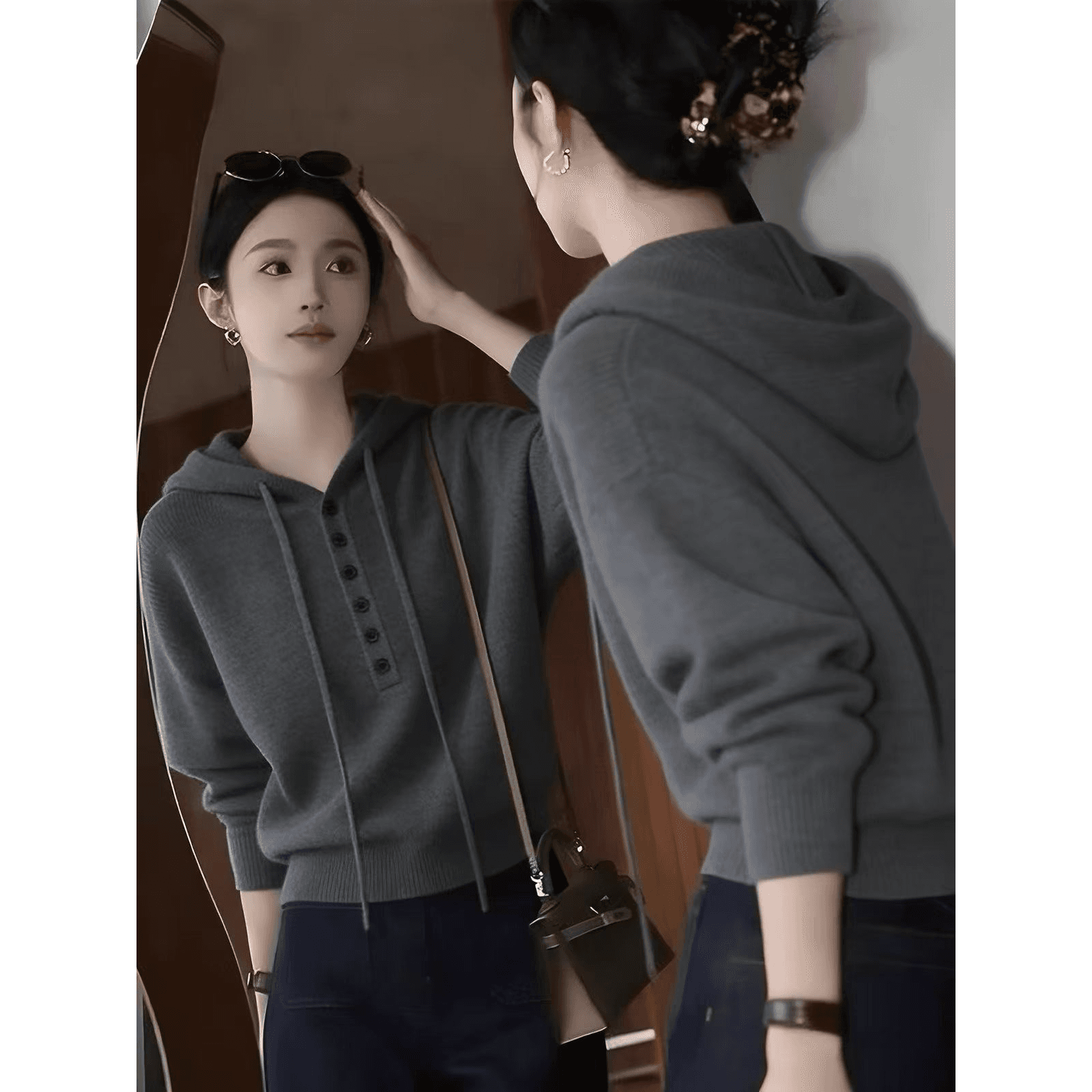 2026 가을 겨울철 느긋한 바람 한 부서 작은 대중 후드 디자인 센스 슬림해 보이는 다용도 긴팔 니트 스웨터 이미지 5