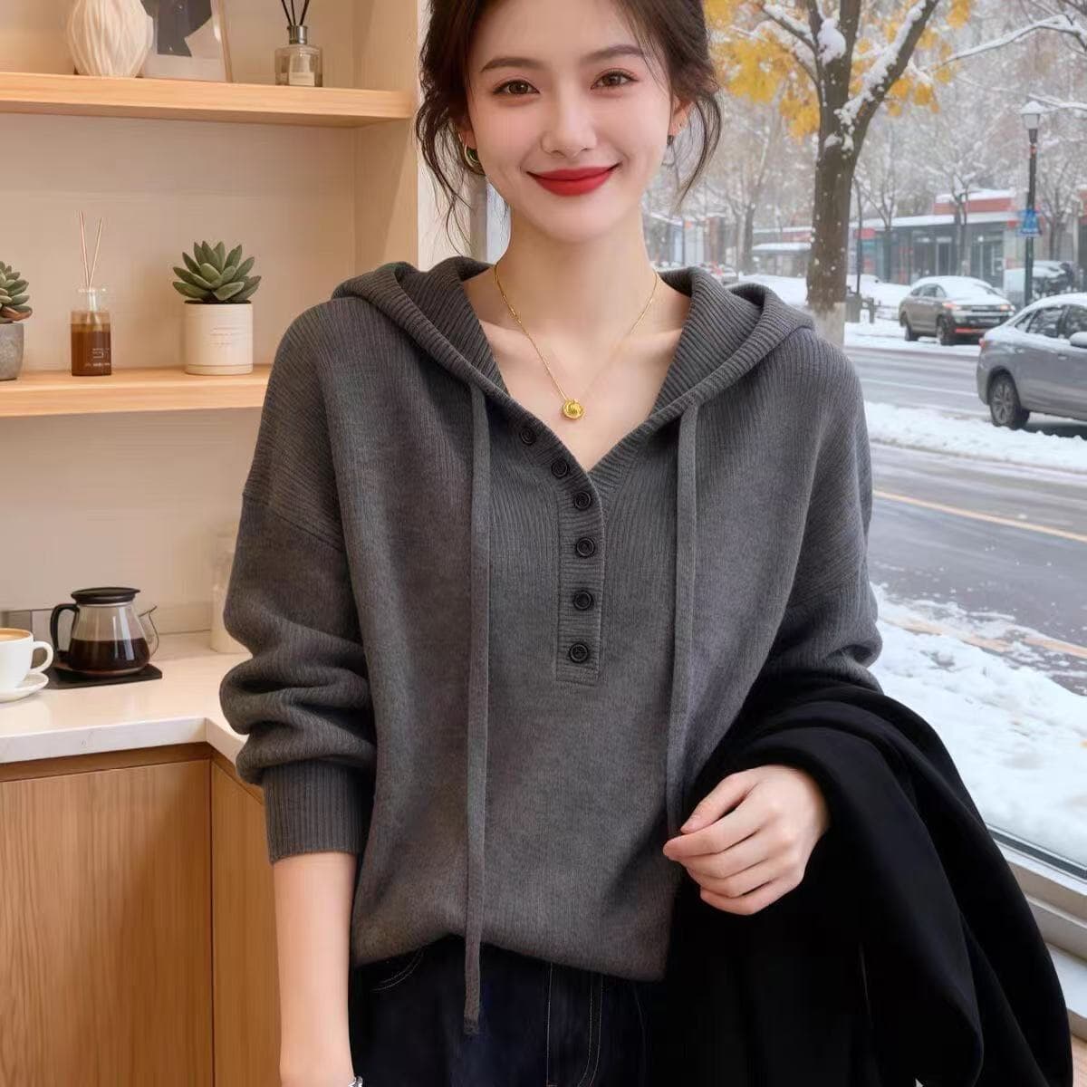 2026 가을 겨울철 느긋한 바람 한 부서 작은 대중 후드 디자인 센스 슬림해 보이는 다용도 긴팔 니트 스웨터 상세 이미지 3