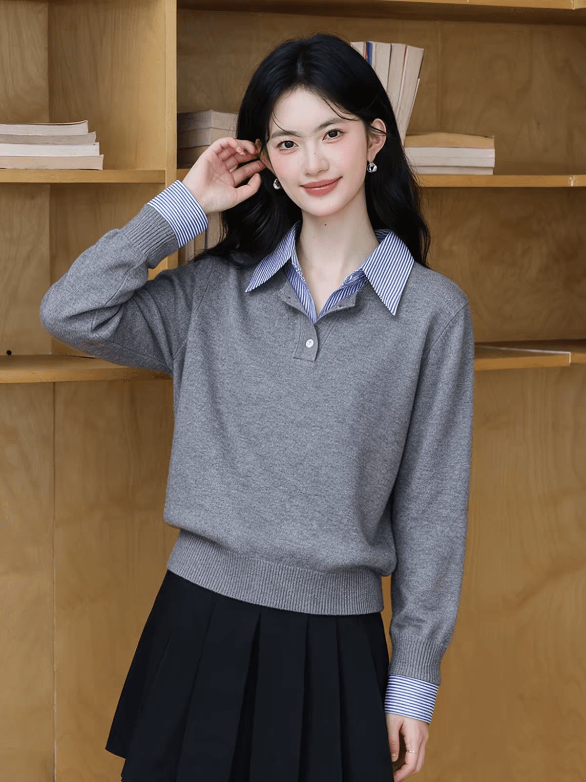 한 부서 패치워크 페이크 레이어드 긴팔 니트 스웨터 여성 2026 가을 새로운 루즈핏 캐주얼 POLO 셔츠 맨위 상세 이미지 1