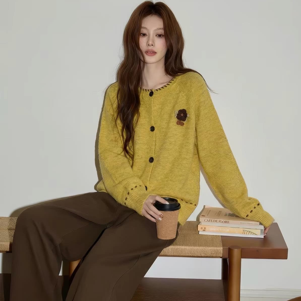 홈 황색 스웨터 여자 겨울 두꺼움 모직물 오픈 가디건 맨위 고급 루즈핏 재킷 수 있습니다. 외출용 니트 스웨터 이미지 4
