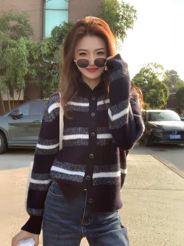 한 부서 스트라이프 터틀넥 부드러운 찹쌀 니트 오픈 가디건 스웨터 여자 가을과 겨울 새로운 폭발 느긋한 고급 센스 맨위 여성 이미지 2