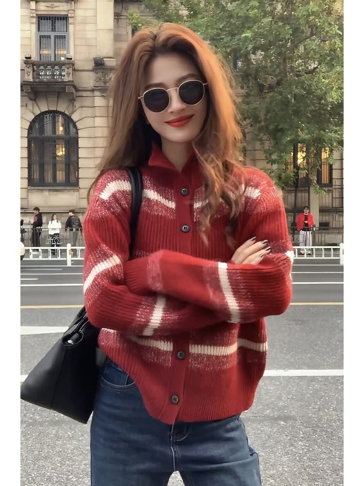 한 부서 스트라이프 터틀넥 부드러운 찹쌀 니트 오픈 가디건 스웨터 여자 가을과 겨울 새로운 폭발 느긋한 고급 센스 맨위 여성 상세 이미지 4
