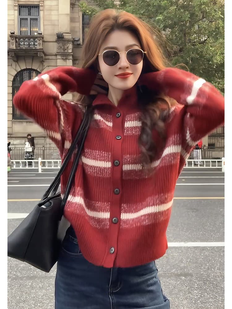 한 부서 스트라이프 터틀넥 부드러운 찹쌀 니트 오픈 가디건 스웨터 여자 가을과 겨울 새로운 폭발 느긋한 고급 센스 맨위 여성 상세 이미지 5
