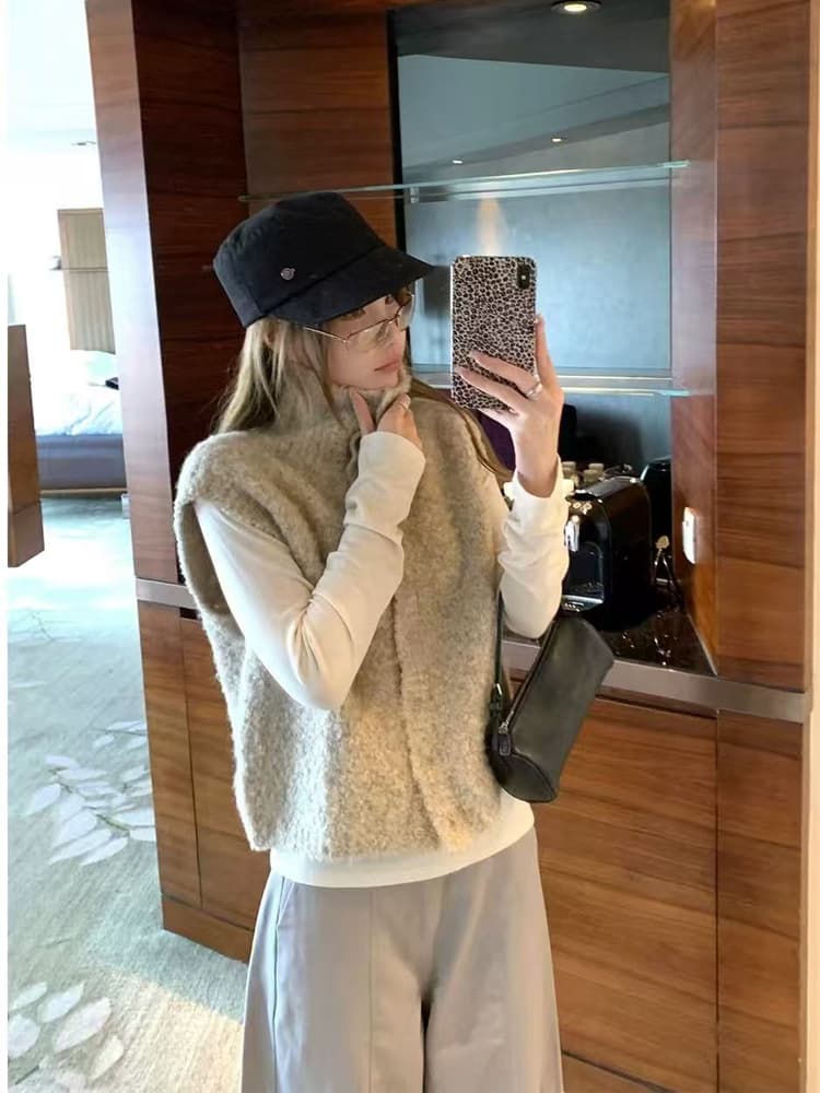 오트밀 우유 버블 터틀넥 양모 니트 조끼 여자 세련된 외국 가스 스택 착용 외부 가져 가라. 조끼 상세 이미지 4