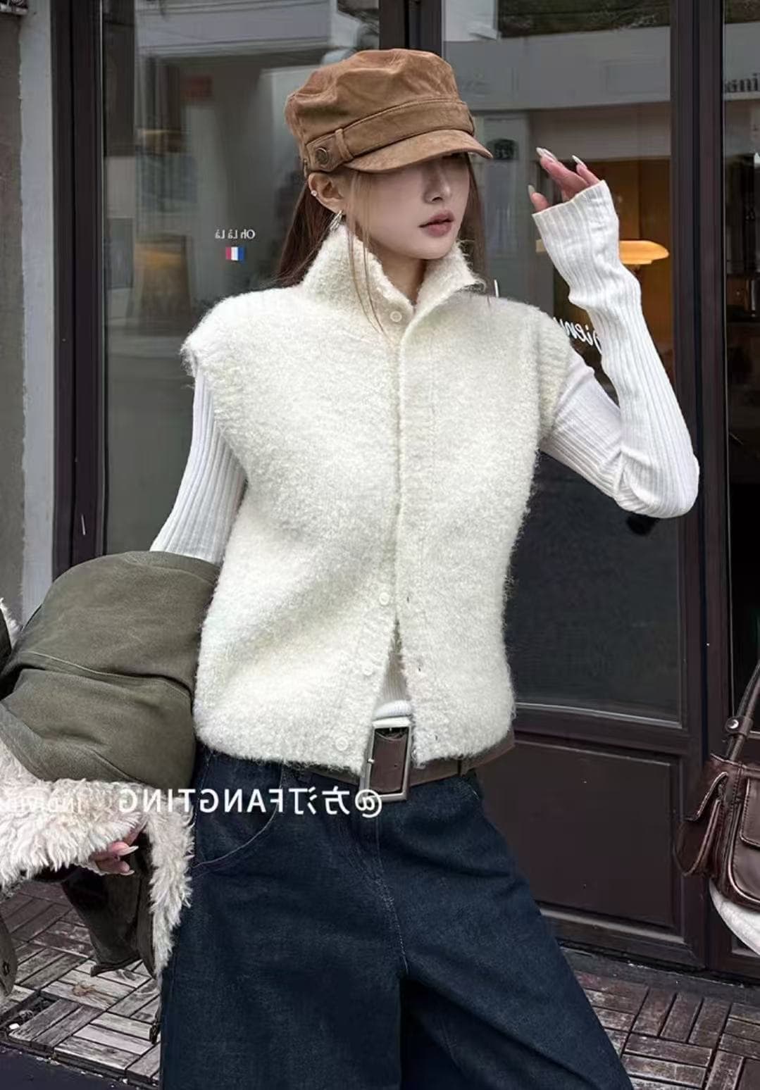 오트밀 우유 버블 터틀넥 양모 니트 조끼 여자 세련된 외국 가스 스택 착용 외부 가져 가라. 조끼 상세 이미지 9