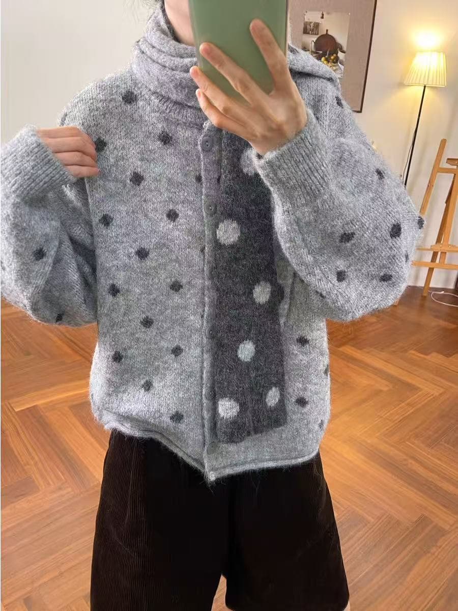 한 부서 도트 무늬 부드러운 찹쌀 다용도 스웨터 여성 코트 가을 겨울 새로운 루즈핏 슬림해 보이는 두꺼운 니트 오픈 가디건 목도리 상세 이미지 3