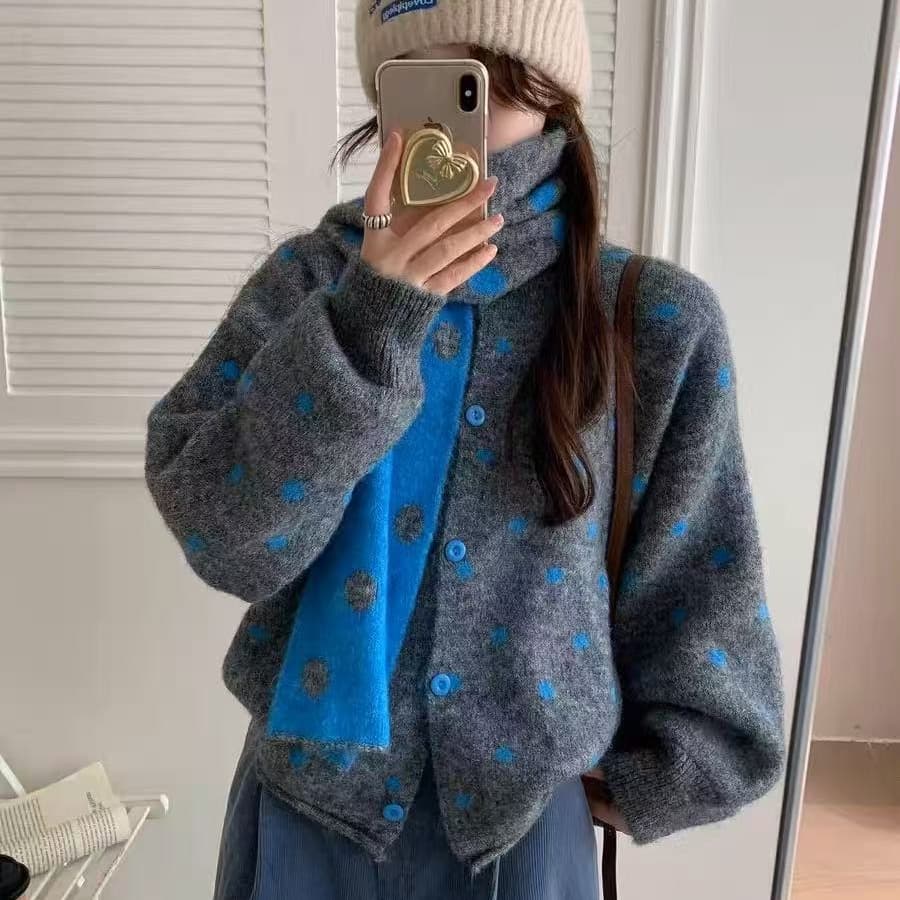 한 부서 도트 무늬 부드러운 찹쌀 다용도 스웨터 여성 코트 가을 겨울 새로운 루즈핏 슬림해 보이는 두꺼운 니트 오픈 가디건 목도리 상세 이미지 5