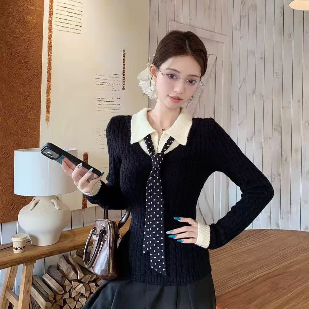 송 긍정적 인 En 커피 색상 POLO 칼라 페이크 레이어드 니트 스웨터 여성 겨울 의류 인사이드 가져 가라. 몸매 가꾸기 쇼트 스타일 긴팔 작은 맨위 이미지 2