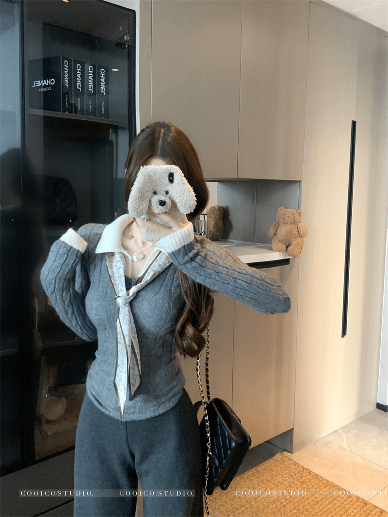 송 긍정적 인 En 커피 색상 POLO 칼라 페이크 레이어드 니트 스웨터 여성 겨울 의류 인사이드 가져 가라. 몸매 가꾸기 쇼트 스타일 긴팔 작은 맨위 상세 이미지 4