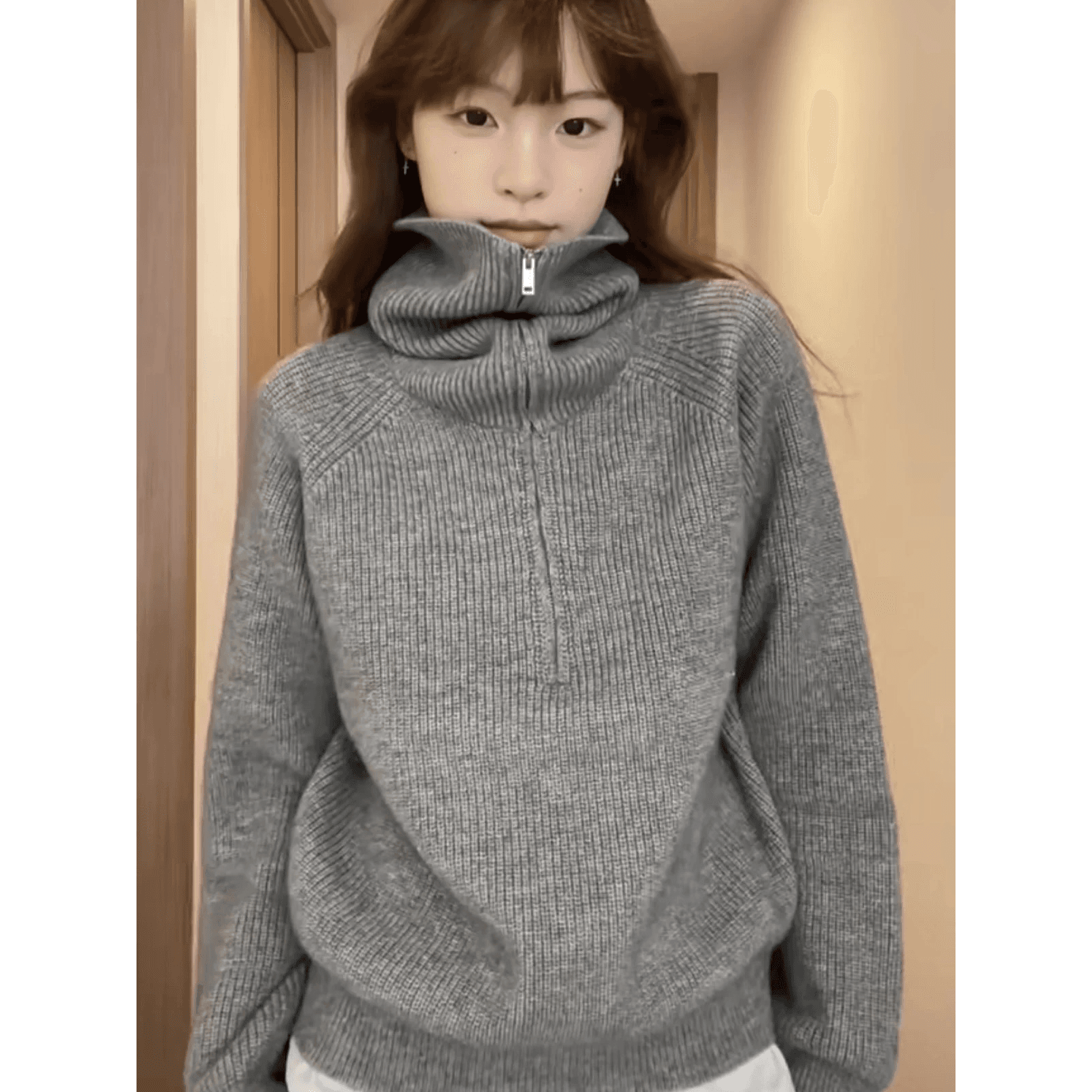 레트로 작은 대중 회색 폴로 칼라 지퍼 니트 스웨터 스웨터 가을 겨울 품격 출퇴근 보온 맨위 여성 이미지 5
